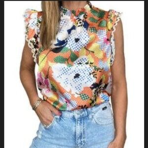 THML Women's Sleeveless Ruffled Floral Top - Small